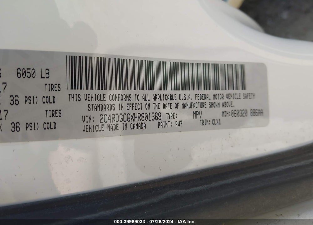 2017 DODGE GRAND CARAVAN SXT VIN: 2C4RDGCGXHR801369