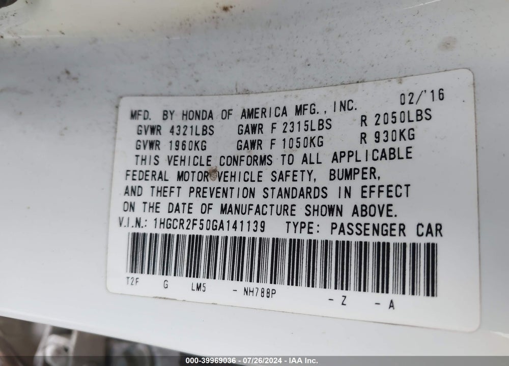 2016 HONDA ACCORD SPORT VIN: 1HGCR2F50GA141139