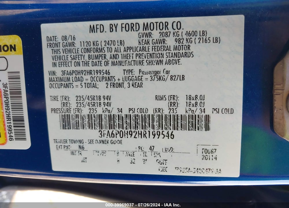 2017 FORD FUSION VIN: 3FA6P0H92HR199546