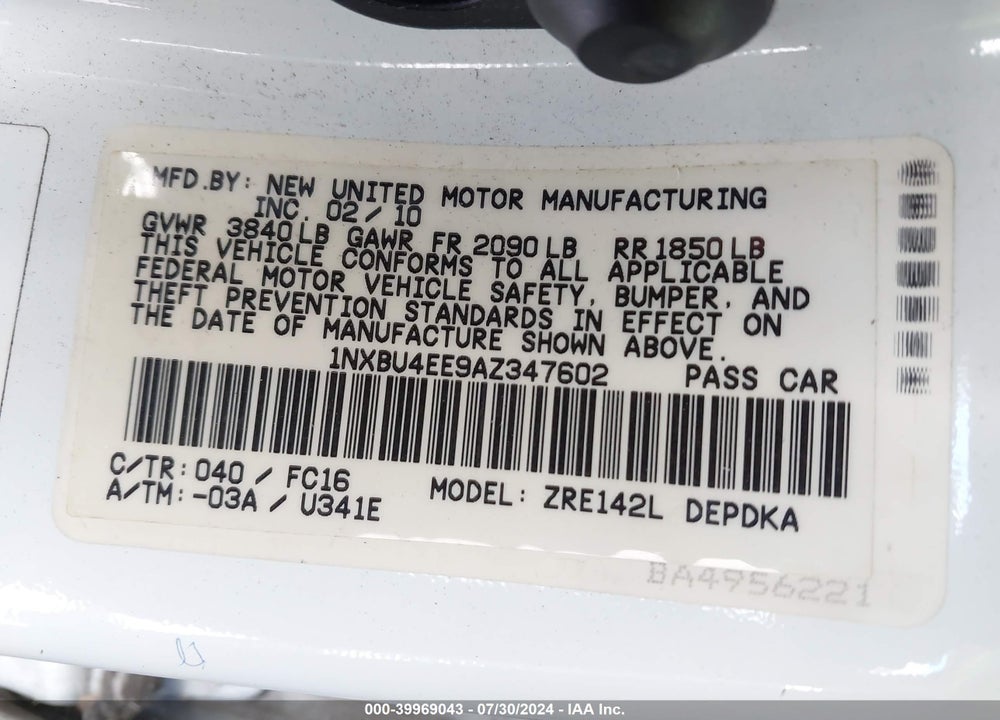 2010 TOYOTA COROLLA LE VIN: 1NXBU4EE9AZ347602