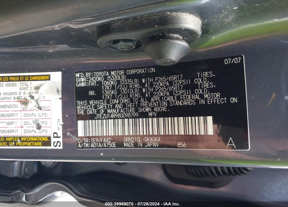 2008 TOYOTA 4RUNNER SR5 V6 VIN: JTEZU14R980098799