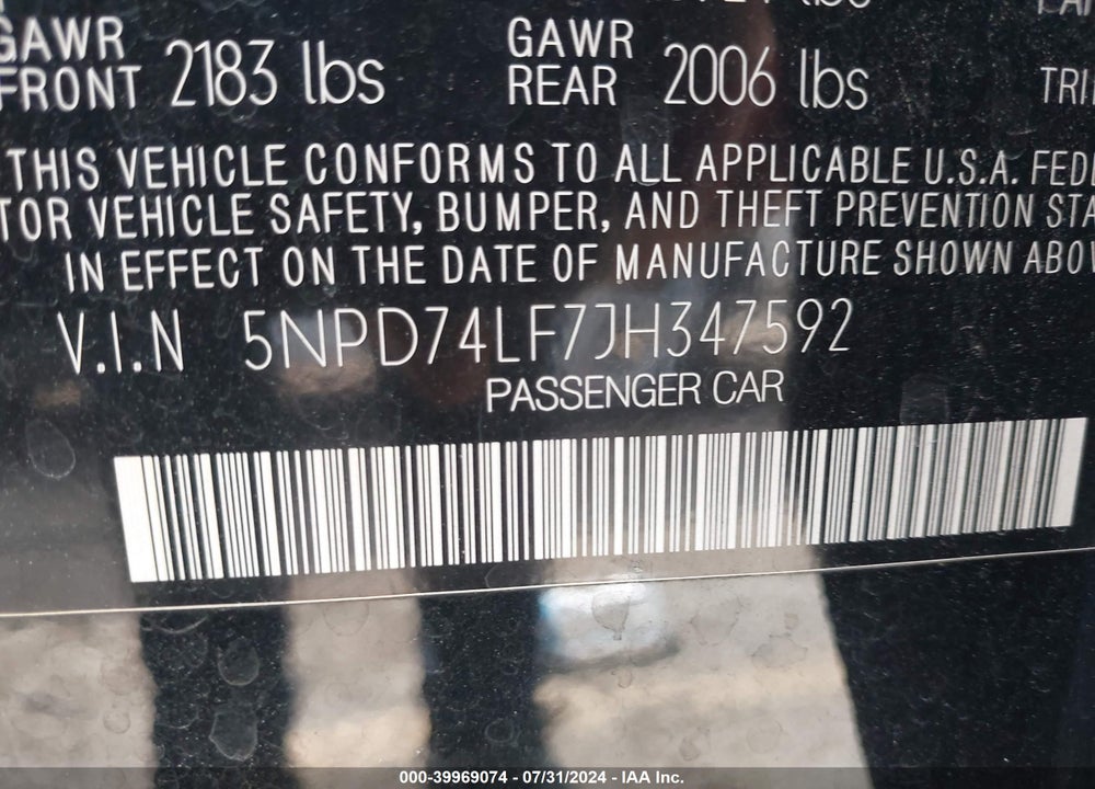 2018 HYUNDAI ELANTRA SE VIN: 5NPD74LF7JH347592