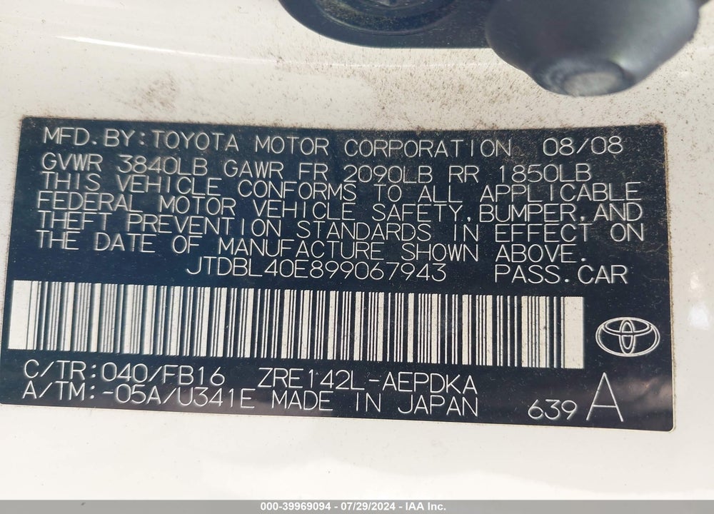 2009 TOYOTA COROLLA LE VIN: JTDBL40E899067943