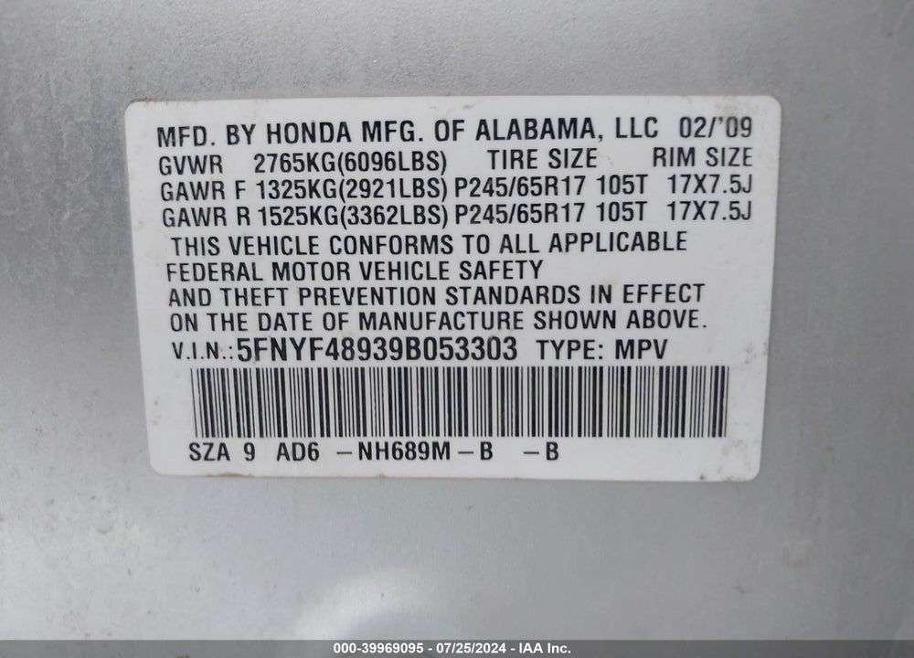 2009 HONDA PILOT TOURING VIN: 5FNYF48939B053303