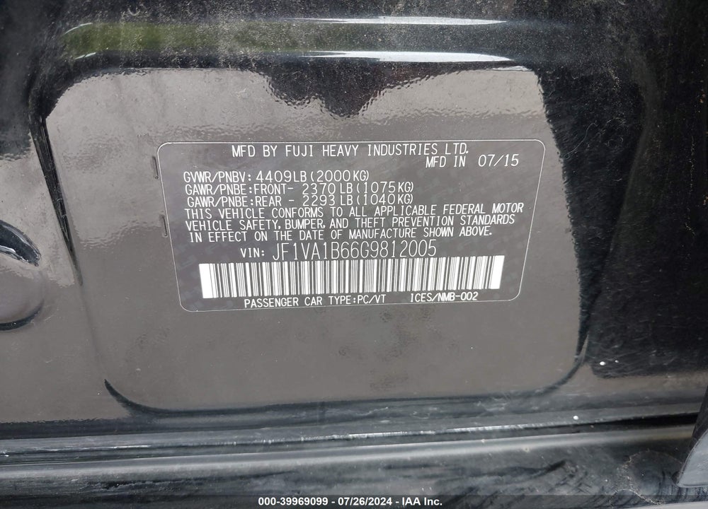 2016 SUBARU WRX VIN: JF1VA1B66G9812005