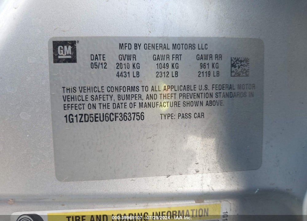 2012 CHEVROLET MALIBU 2LT VIN: 1G1ZD5EU6CF363756