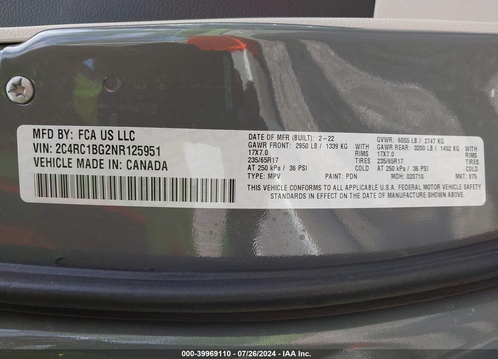 2022 CHRYSLER PACIFICA VIN: 2C4RC1BG2NR125951
