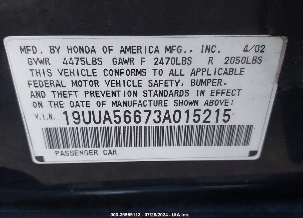 2003 ACURA TL 3.2 VIN: 19UUA56673A015215