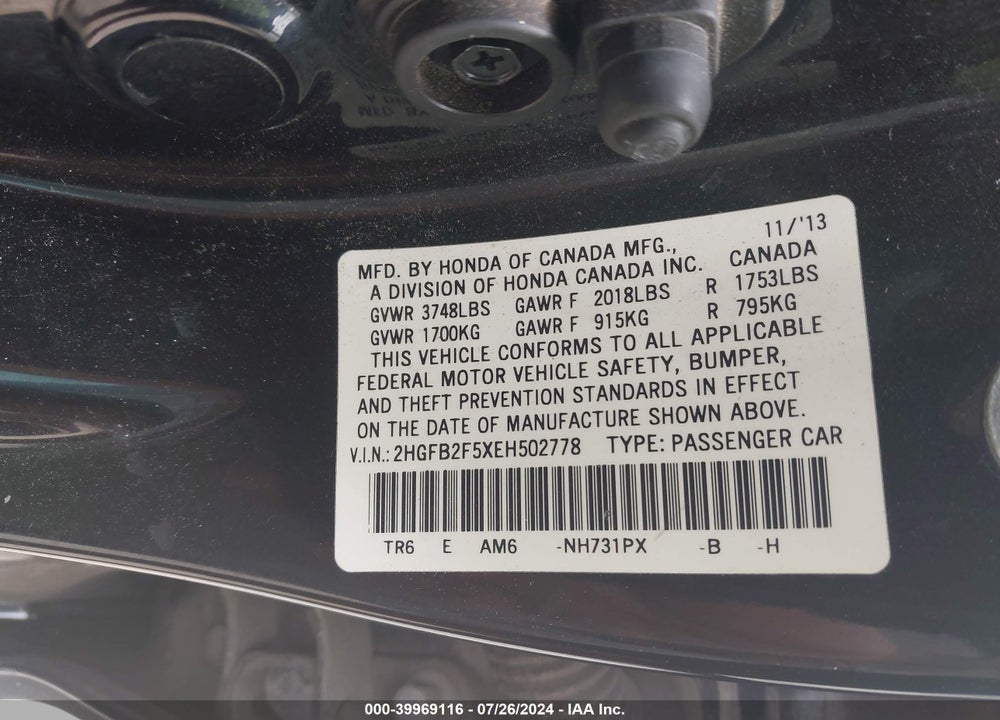 2014 HONDA CIVIC LX VIN: 2HGFB2F5XEH502778