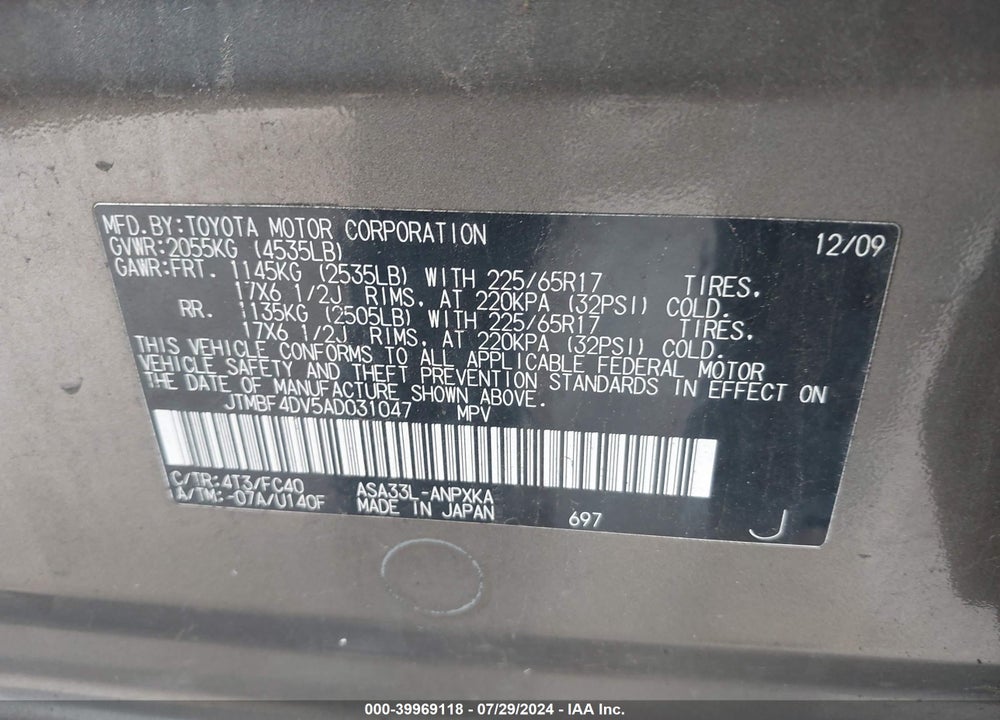 2010 TOYOTA RAV4 VIN: JTMBF4DV5AD031047