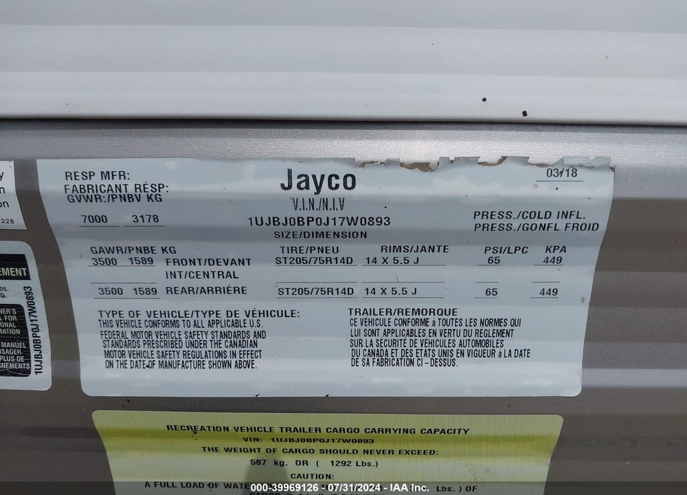 2018 JAYCO M-267 BHS VIN: 1UJBJ0BP0J17W0893