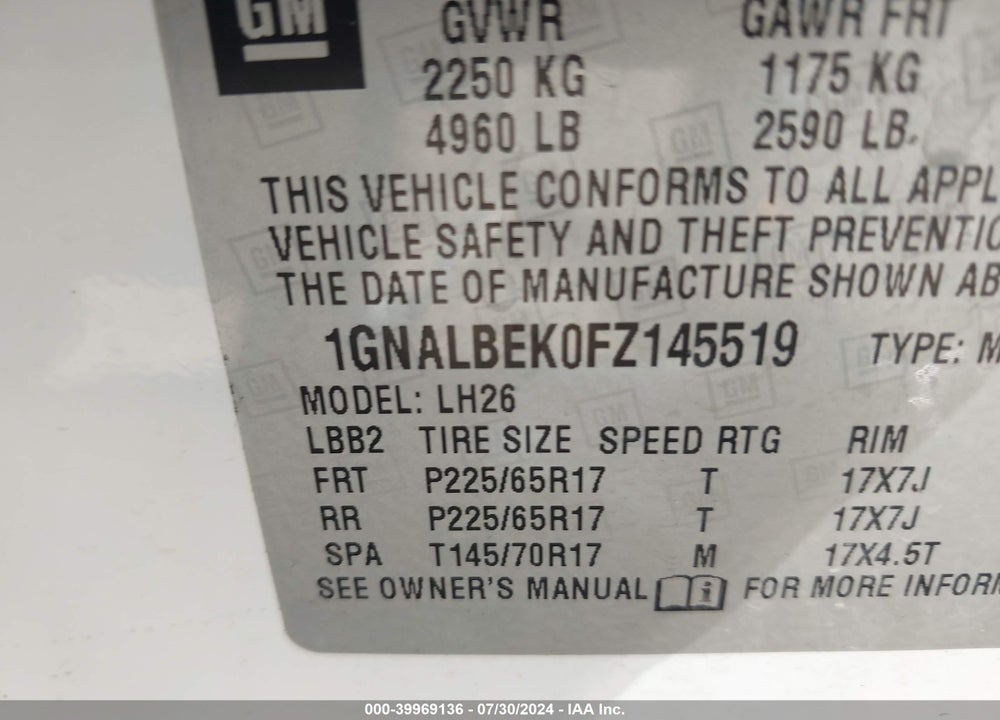 2015 CHEVROLET EQUINOX 1LT VIN: 1GNALBEK0FZ145519