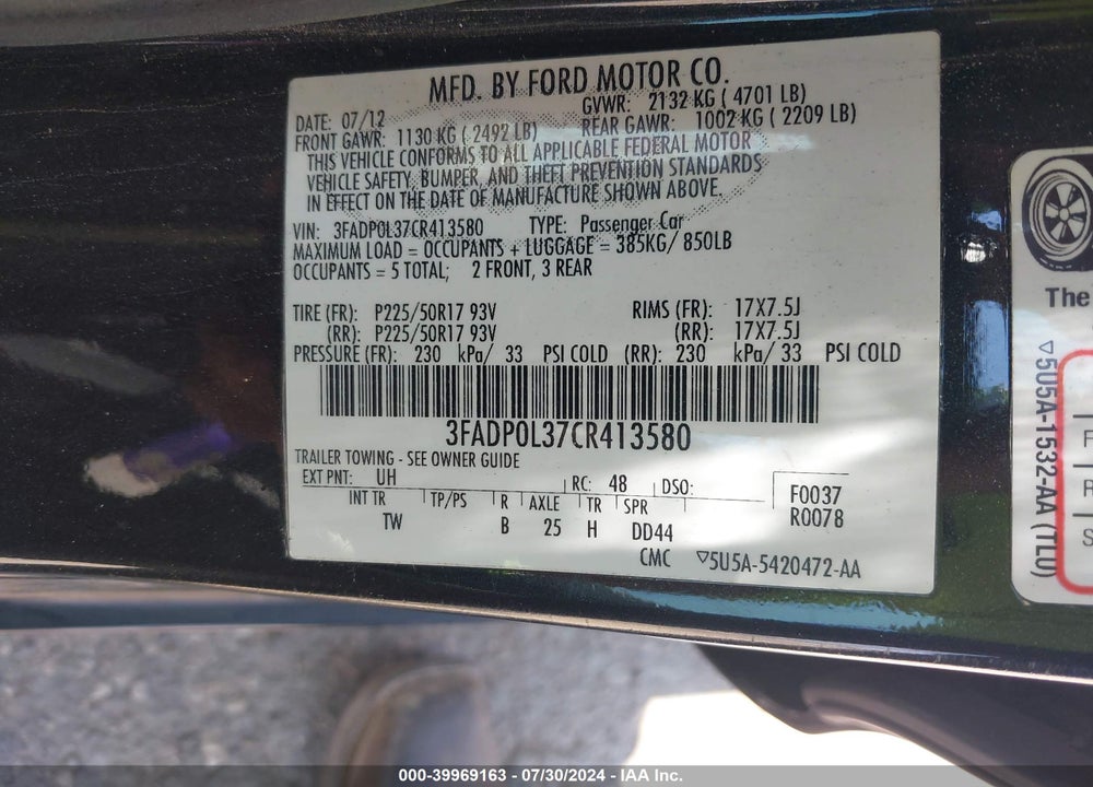 2012 FORD FUSION HYBRID VIN: 3FADP0L37CR413580