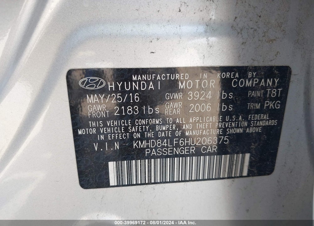 2017 HYUNDAI ELANTRA SE VIN: KMHD84LF6HU206375