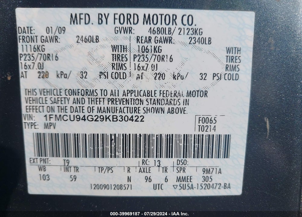 2009 FORD ESCAPE LIMITED VIN: 1FMCU94G29KB30422