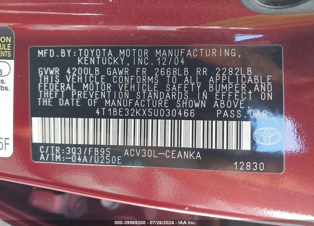2005 TOYOTA CAMRY LE VIN: 4T1BE32KX5U030466