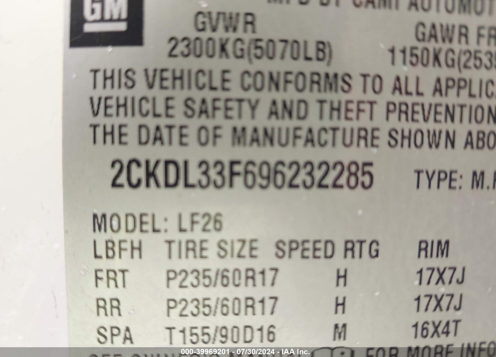 2009 PONTIAC TORRENT VIN: 2CKDL33F696232285