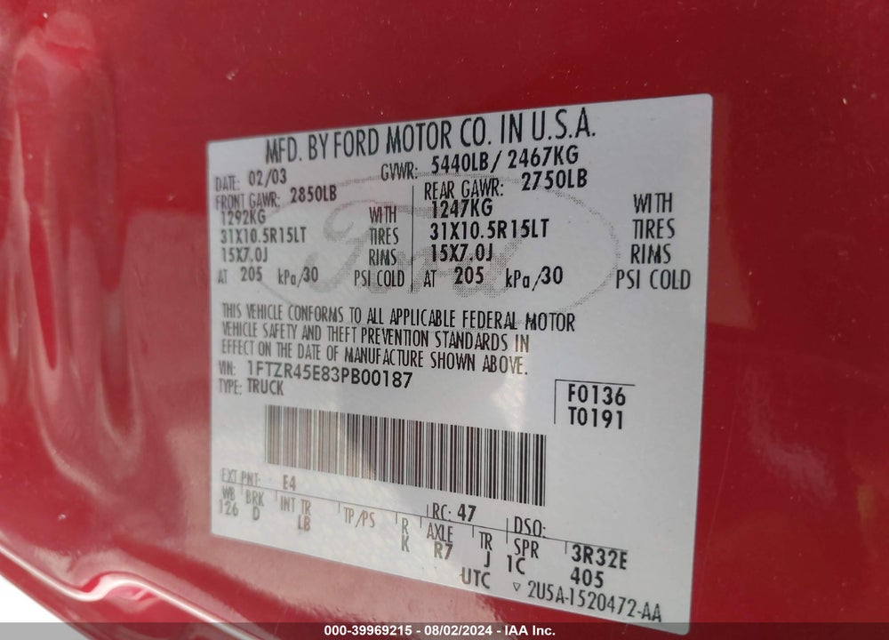 2003 FORD RANGER EDGE/XLT VIN: 1FTZR45E83PB00187
