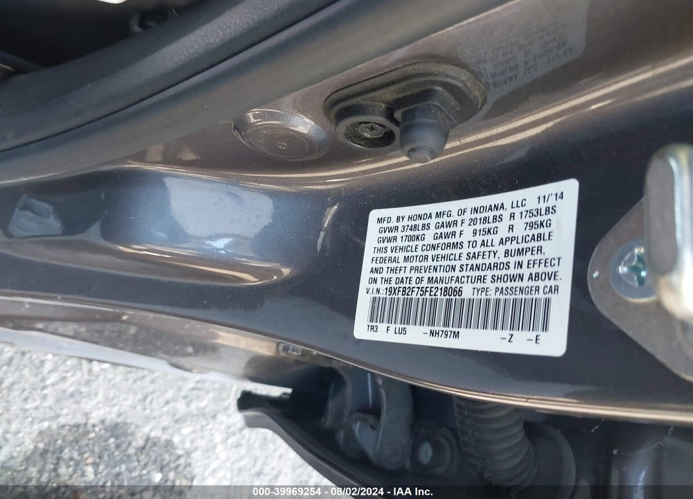 2015 HONDA CIVIC SE VIN: 19XFB2F75FE218066