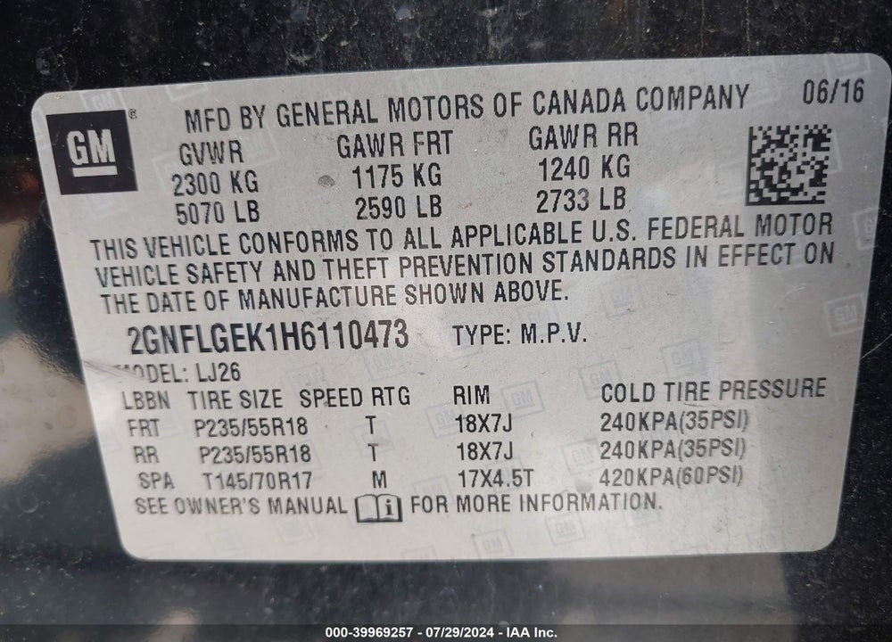 2017 CHEVROLET EQUINOX PREMIER VIN: 2GNFLGEK1H6110473