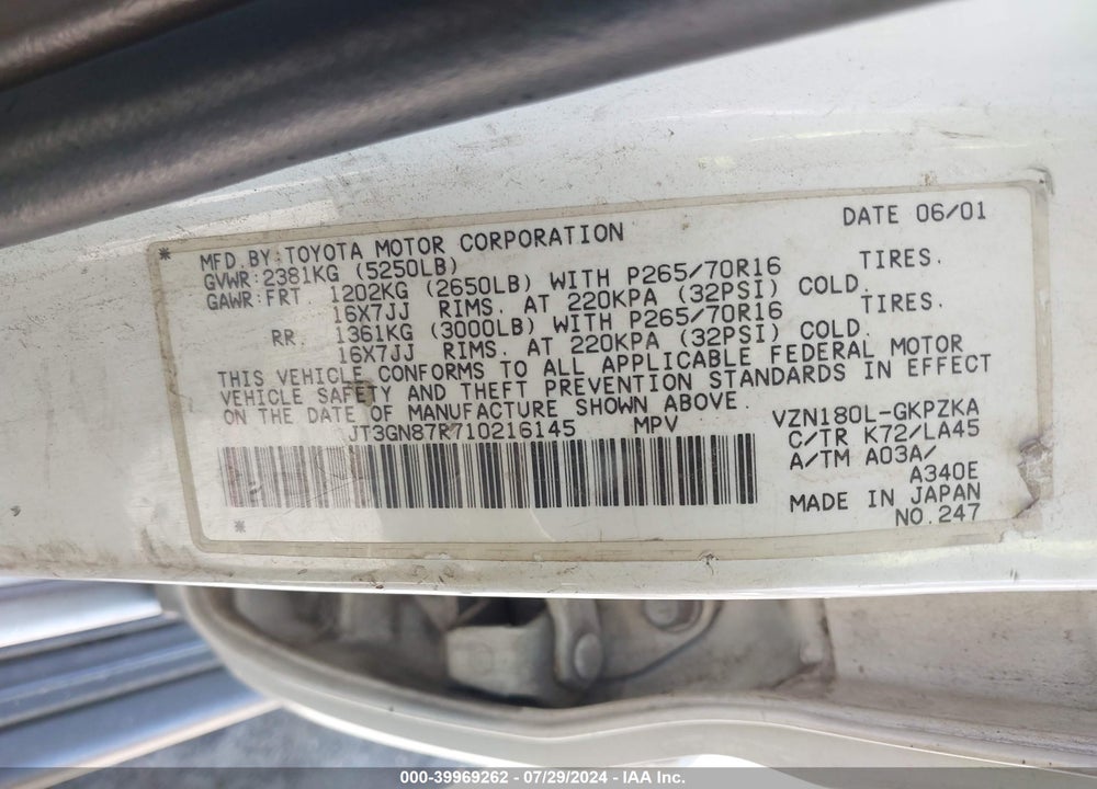 2001 TOYOTA 4RUNNER LIMITED V6 VIN: JT3GN87R710216145