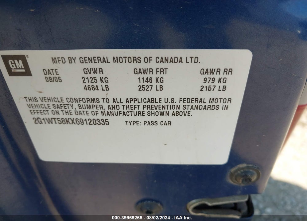 2006 CHEVROLET IMPALA LT VIN: 2G1WT58KX69120335