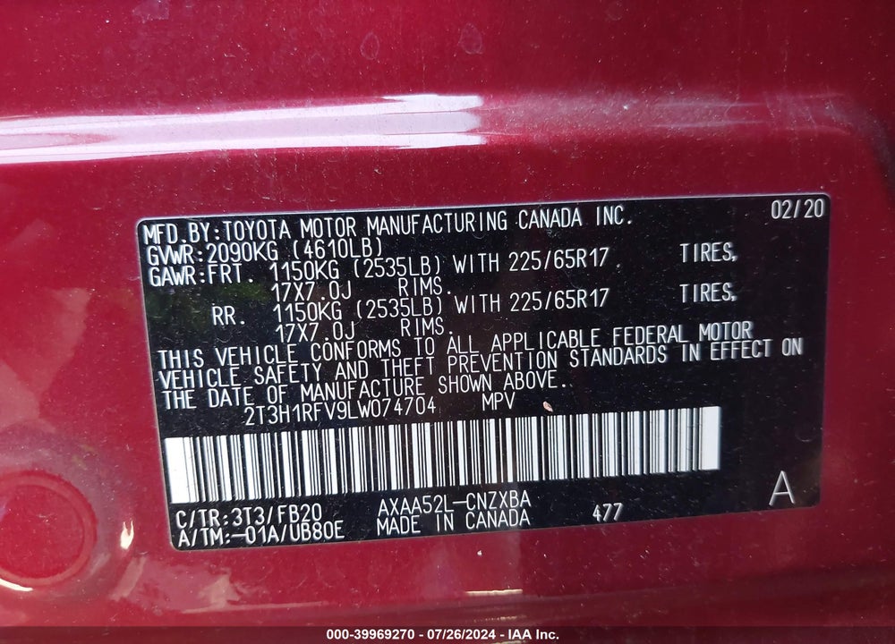 2020 TOYOTA RAV4 LE VIN: 2T3H1RFV9LW074704