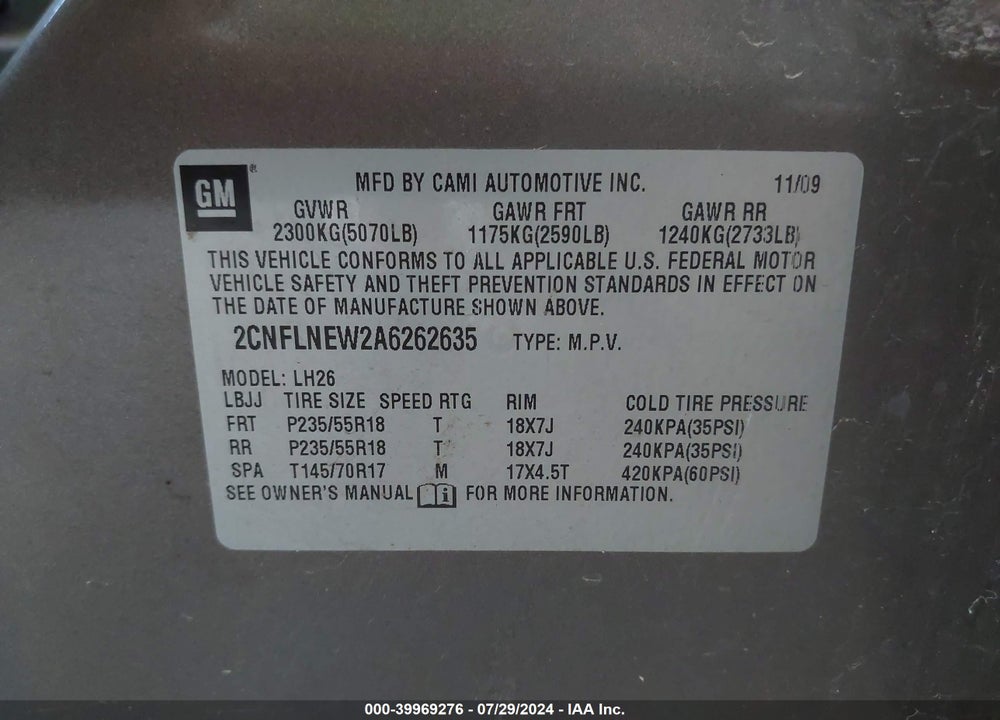 2010 CHEVROLET EQUINOX VIN: 2CNFLNEW2A6262635