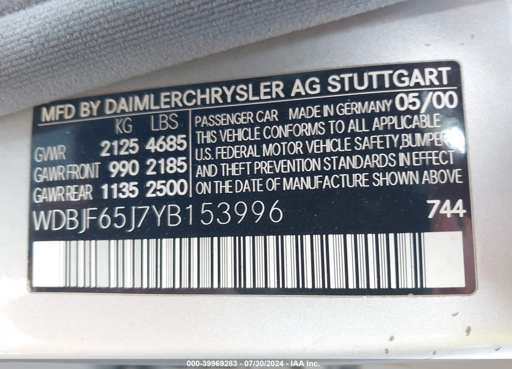 2000 MERCEDES-BENZ E 320 VIN: WDBJF65J7YB153996