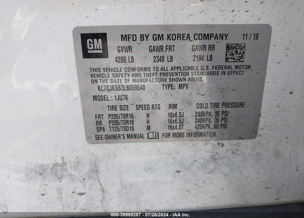 2020 CHEVROLET TRAX FWD LS VIN: KL7CJKSB3LB059540