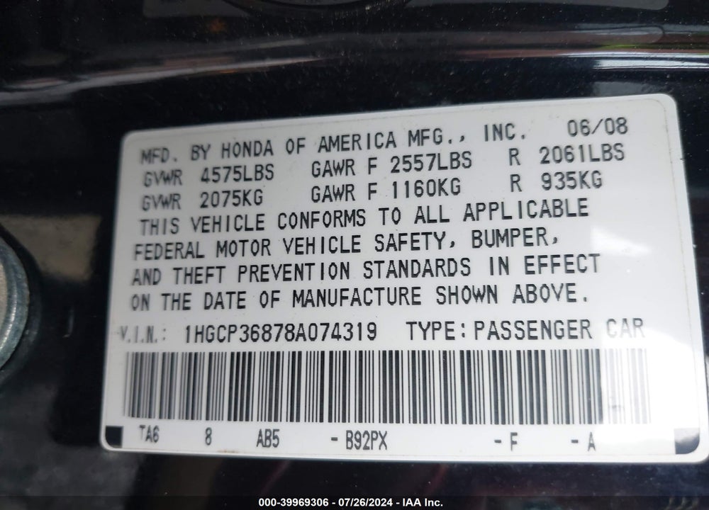 2008 HONDA ACCORD 3.5 EX-L VIN: 1HGCP36878A074319