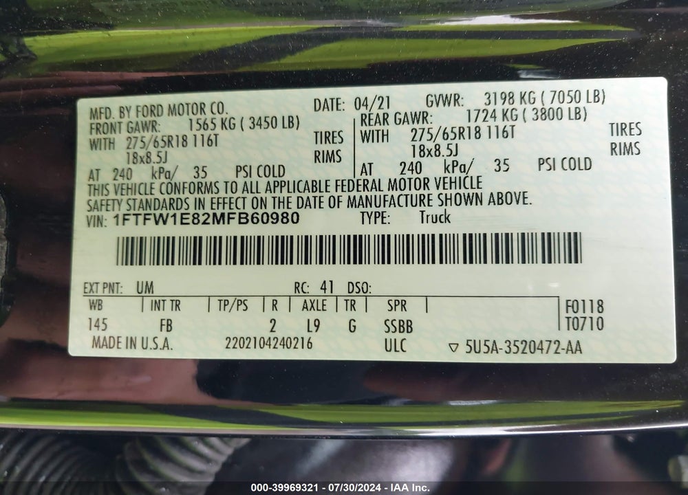 2021 FORD F-150 VIN: 1FTFW1E82MFB60980