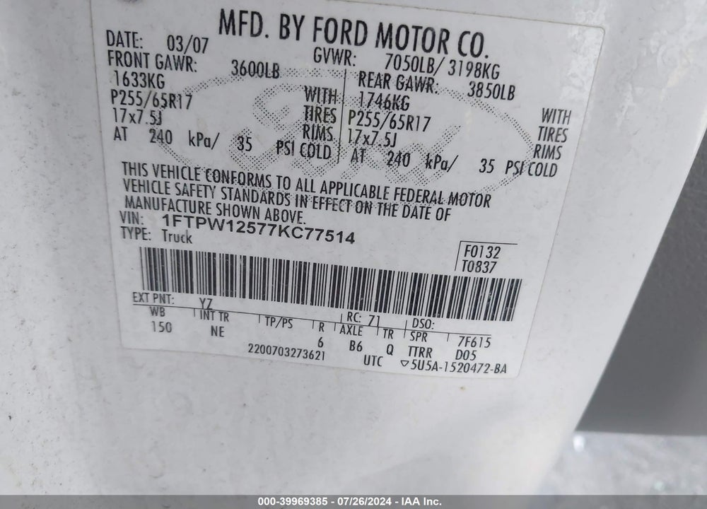 2007 FORD F-150 LARIAT/XLT VIN: 1FTPW12577KC77514