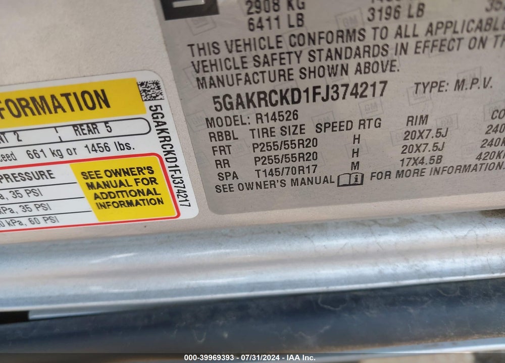 2015 BUICK ENCLAVE PREMIUM VIN: 5GAKRCKD1FJ374217