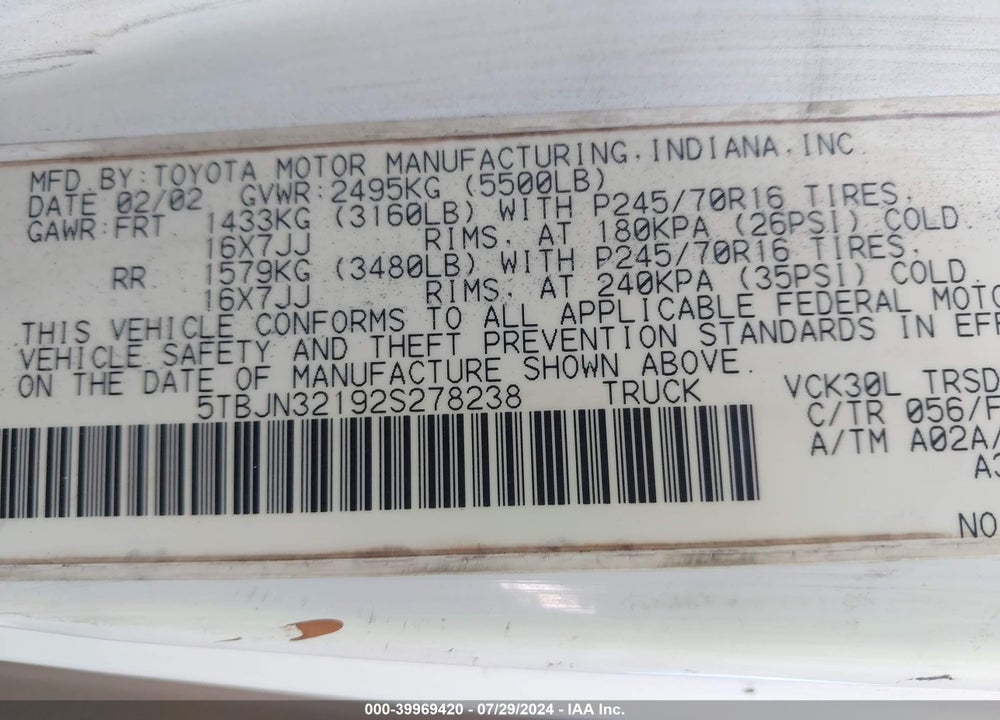 2002 TOYOTA TUNDRA VIN: 5TBJN32192S278238