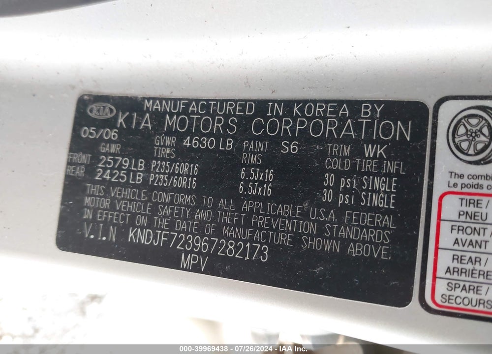2006 KIA SPORTAGE EX V6/LX V6 VIN: KNDJF723967282173