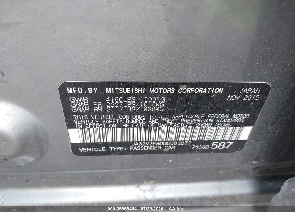 2016 MITSUBISHI LANCER VIN: JA32V2FW0GU003077