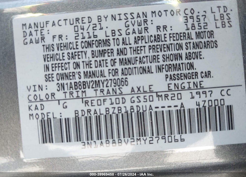2021 NISSAN SENTRA S XTRONIC CVT VIN: 3N1AB8BV2MY279066