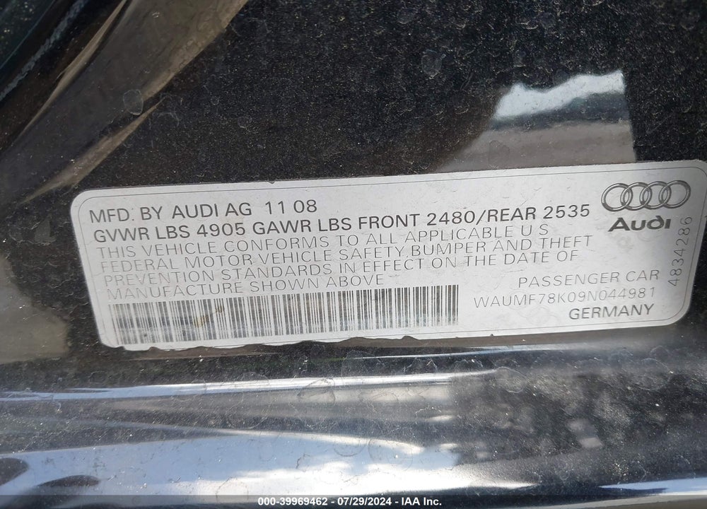 2009 AUDI A4 2.0T PREMIUM VIN: WAUMF78K09N044981