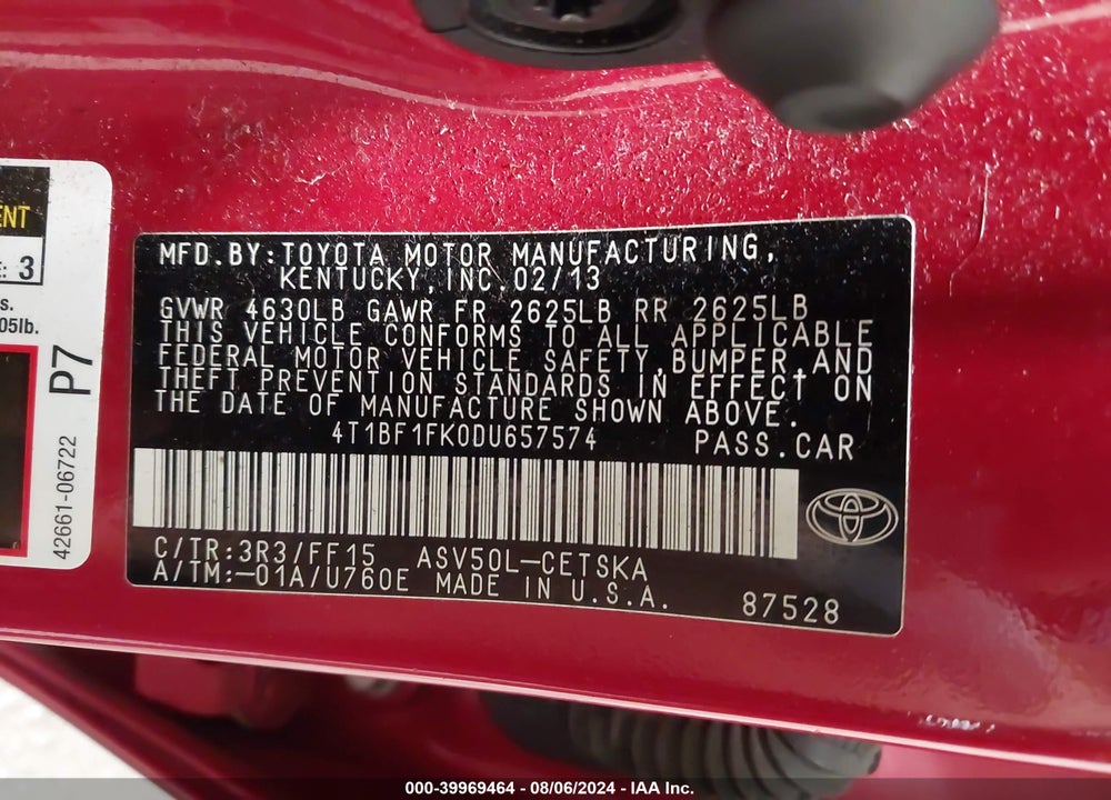 2013 TOYOTA CAMRY SE VIN: 4T1BF1FK0DU657574