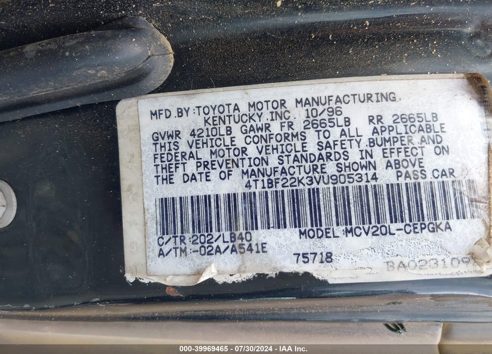 1997 TOYOTA CAMRY XLE V6 VIN: 4T1BF22K3VU905314