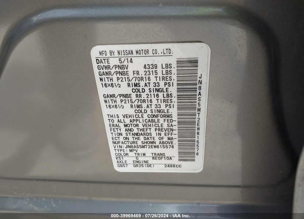 2014 NISSAN ROGUE SELECT S VIN: JN8AS5MT2EW615576