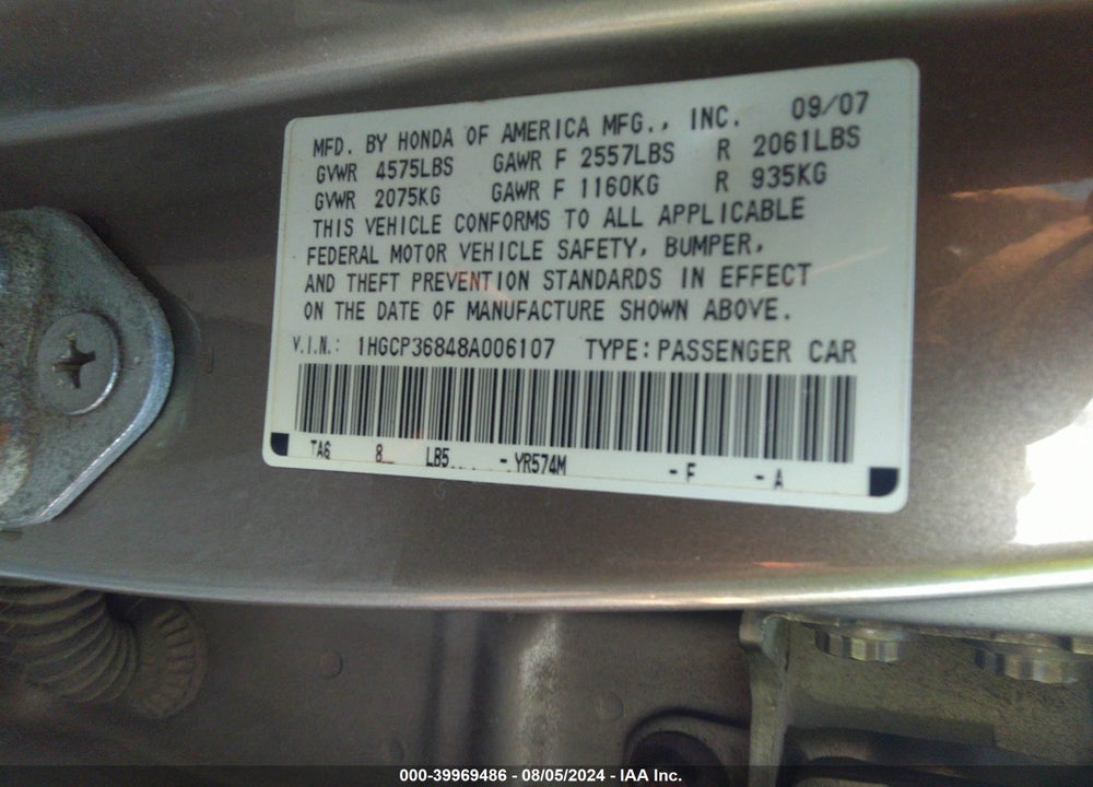 2008 HONDA ACCORD 3.5 EX-L VIN: 1HGCP36848A006107