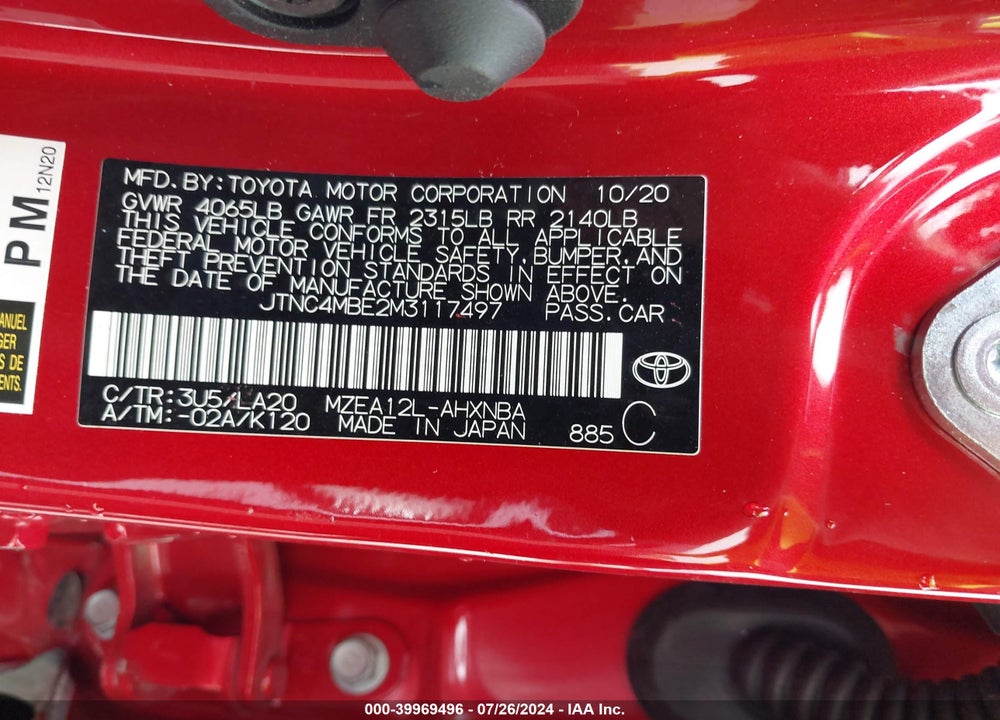 2021 TOYOTA COROLLA XSE VIN: JTNC4MBE2M3117497