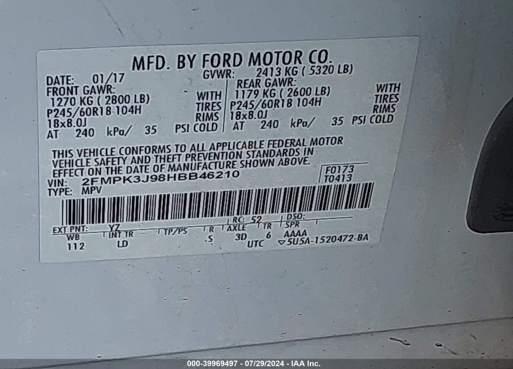 2017 FORD EDGE SEL VIN: 2FMPK3J98HBB46210