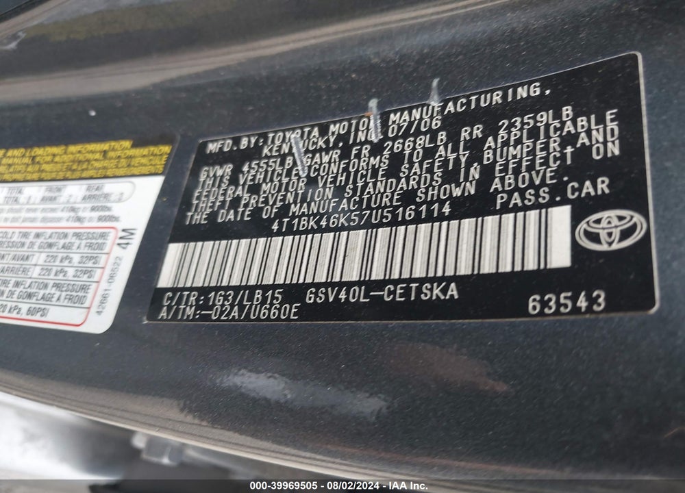 2007 TOYOTA CAMRY SE V6 VIN: 4T1BK46K57U516114