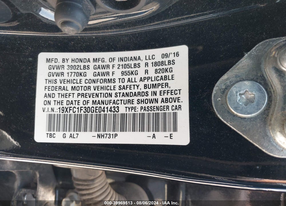 2016 HONDA CIVIC EX-T VIN: 19XFC1F30GE041433