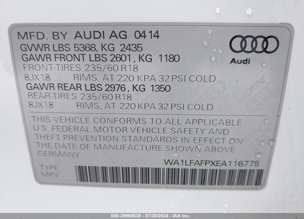 2014 AUDI Q5 2.0T PREMIUM VIN: WA1LFAFPXEA116775