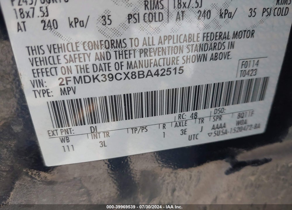 2008 FORD EDGE LIMITED VIN: 2FMDK39CX8BA42515