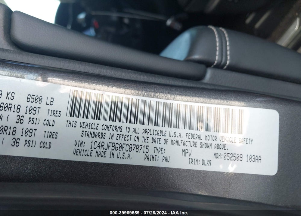 2015 JEEP GRAND CHEROKEE LIMITED VIN: 1C4RJFBG0FC878715